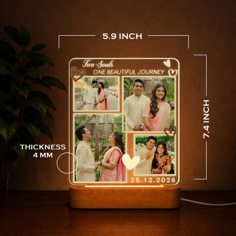 Personalized Couple Photo LED Lamp Custom “Two Souls One Beautiful Journey” Acrylic Night Light Wedding Gift for Husband Wife Gift for Roka Ceremony